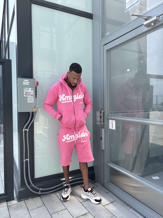 Amgldn Chenille Signature Hoodie & Shorts Set – Pink