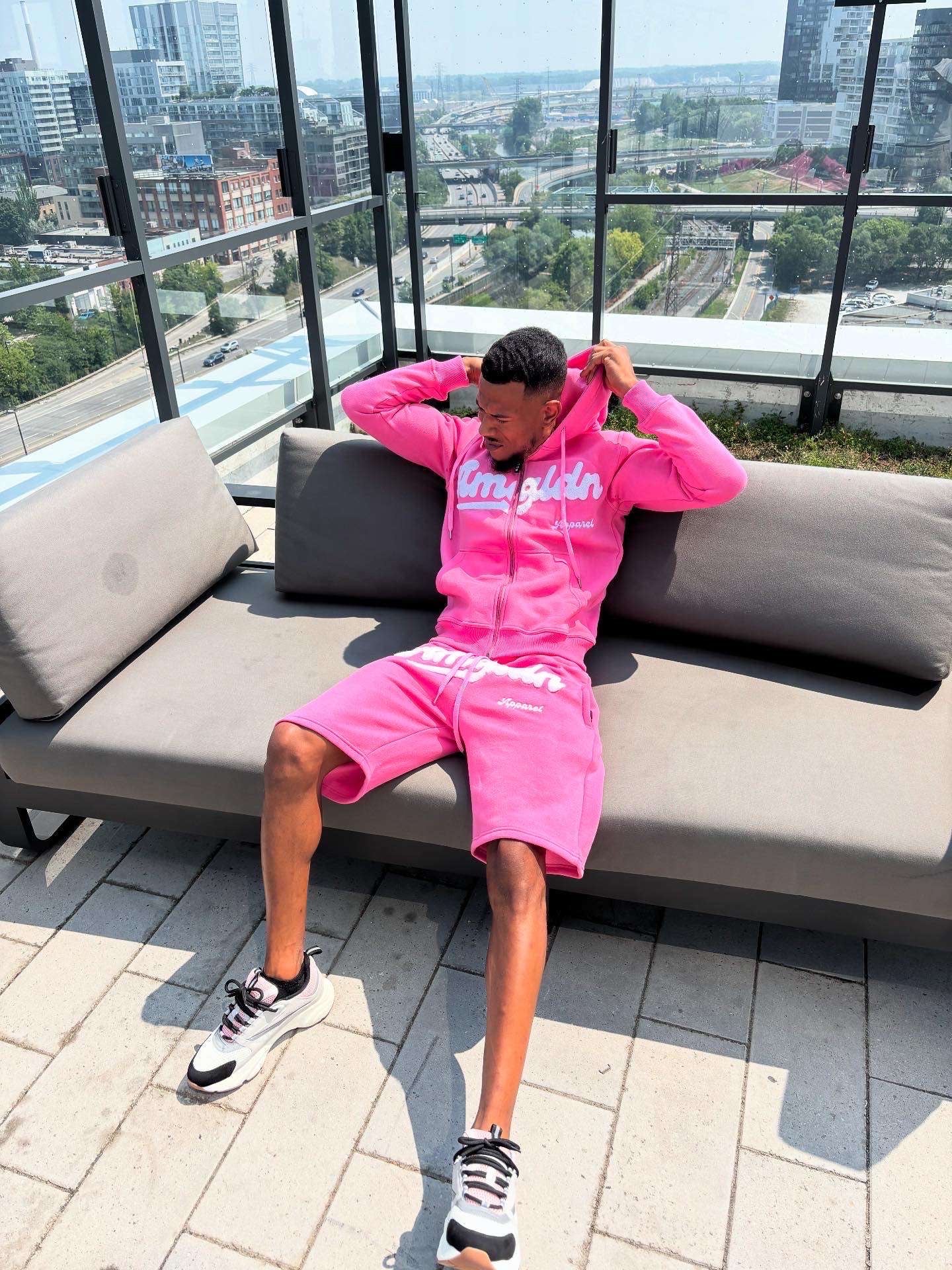 Amgldn Chenille Signature Hoodie & Shorts Set – Pink