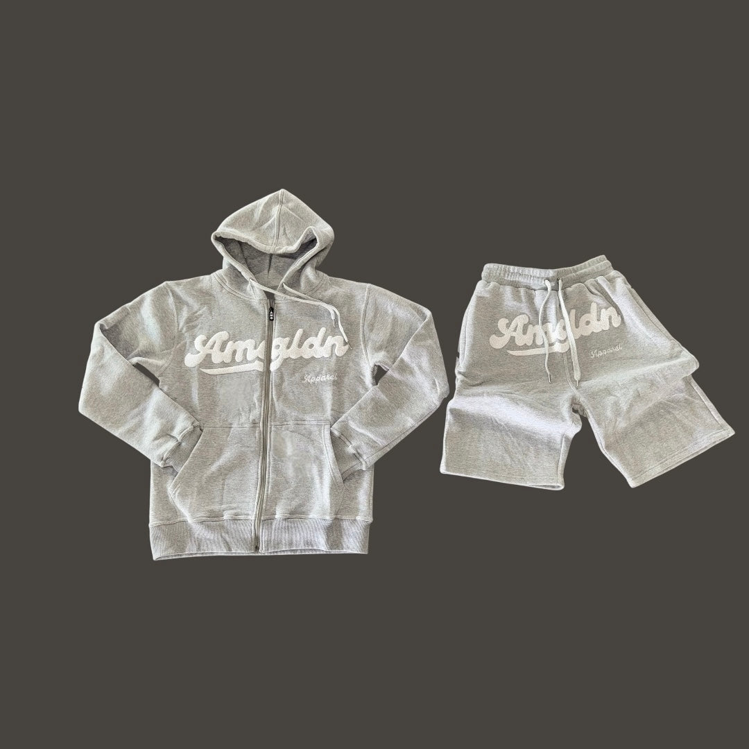 Amgldn Chenille Signature Hoodie & Shorts Set – Grey